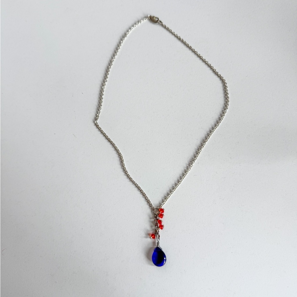 Silver necklace with blue and orange stones, handmade